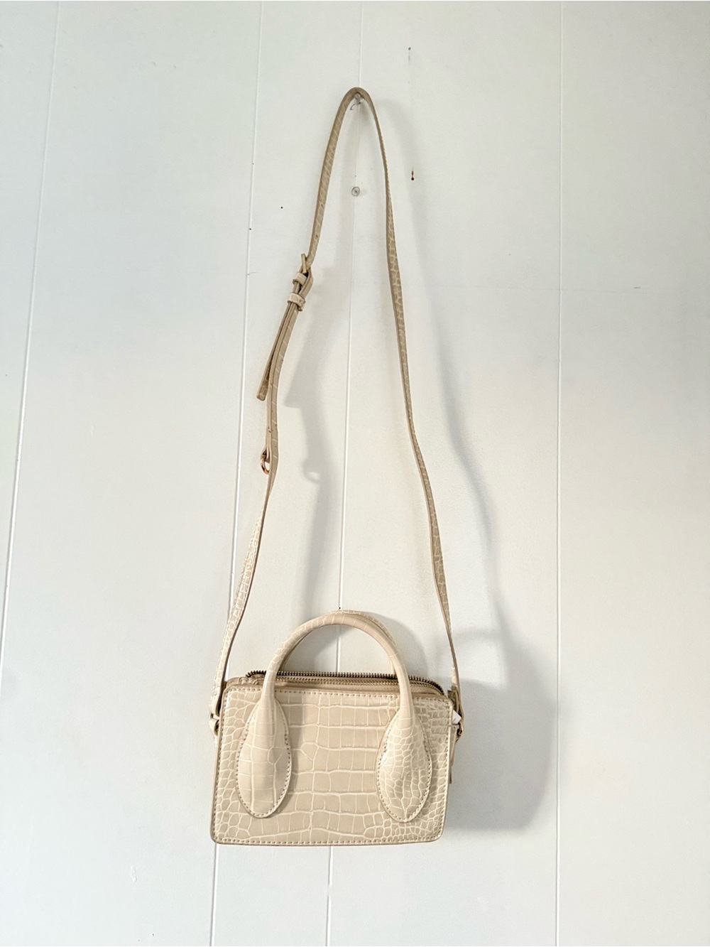 Zara Cream Croc-Embossed Mini Top-Handle Crossbody Bag